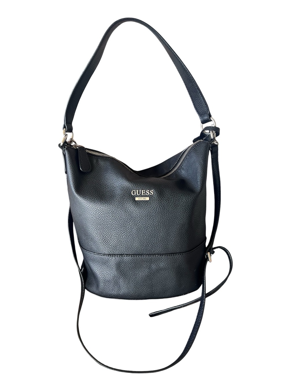 GUESS Black Pebbled Leather Hobo Shoulder Bag with Silver Hardware